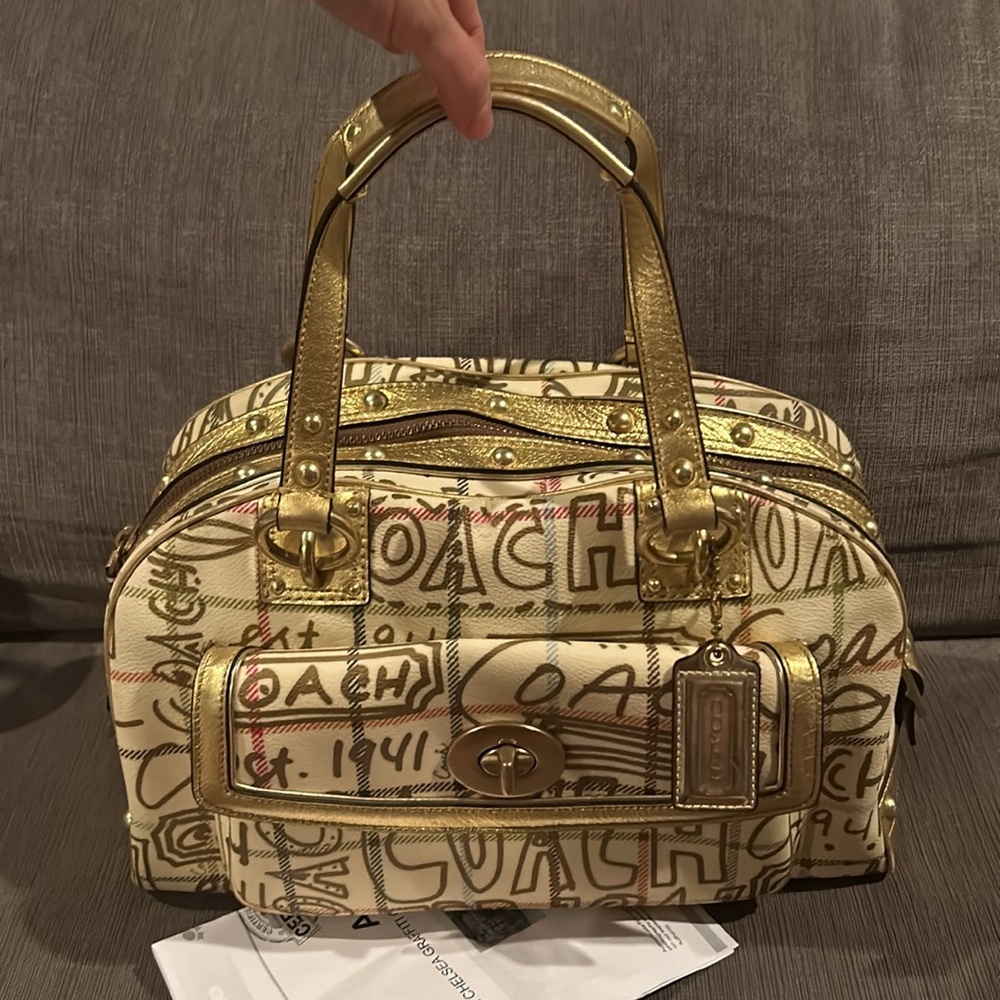 Coach Poppy Chelsea Graffiti Gold Tattersall Satchel Purse Cream and Gold - Picture 3 of 17